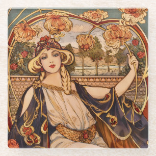 Gouden Chrysanthemum Muse – Art Nouveau Bloemstuk Glazen Onderzetter