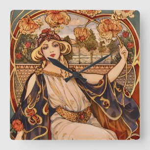 Gouden Chrysanthemum Muse – Art Nouveau Bloemstuk  Vierkante Klok