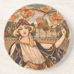 Gouden Chrysanthemum Muse – Art Nouveau Bloemstuk Zandsteen Onderzetter