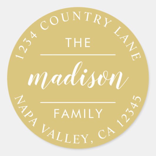 Gouden cirkelscript Maak je eigen retouradres Ronde Sticker (Voorkant)