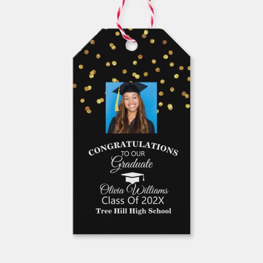 Gouden Confetti Afstuderen foto afstudeerfeest Cadeaulabel (Voorkant)