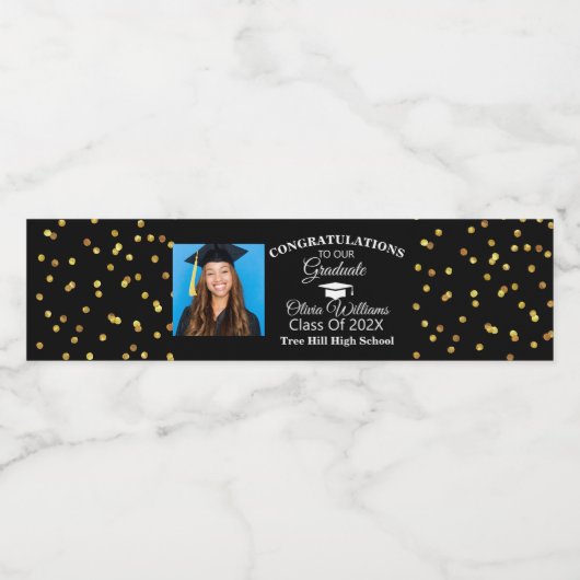 Gouden Confetti Afstuderen foto afstudeerfeest Waterfles Etiket (Enkel label)