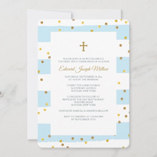 Gouden Confetti Blauw Religieuze Uitnodiging (Voorkant)