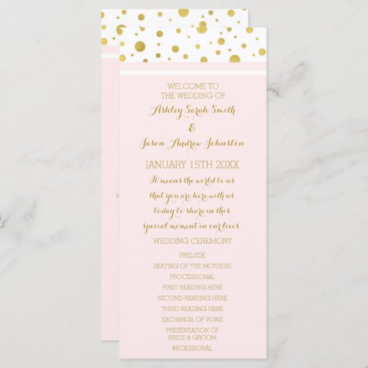 Gouden Confetti Blush Roze Huwelijksprogramma Programma (Voorkant / Achterkant)