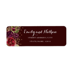 Gouden confetti bordeauxrode bloemen retouradres s etiket