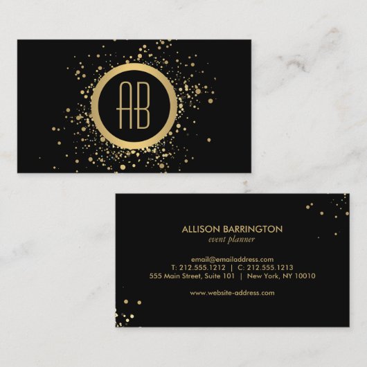 Gouden Confetti Circle Monogram Zwart Visitekaartj Visitekaartje (Voorkant / Achterkant)