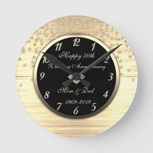 Gouden confetti diamant 50ste trouwdag ronde klok (Voorkant)