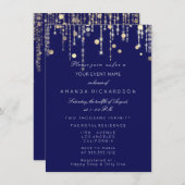 Gouden Confetti Drip Verjaardag Bruids Blauw Marin Kaart (Voorkant / Achterkant)