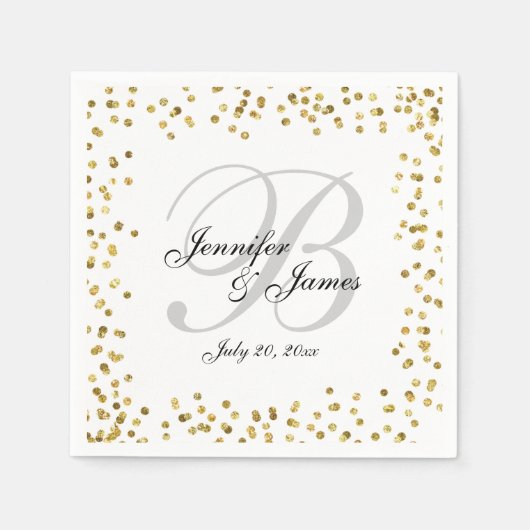 Gouden Confetti Elegant Grijs Monogram Huwelijk Servetten (Voorkant)