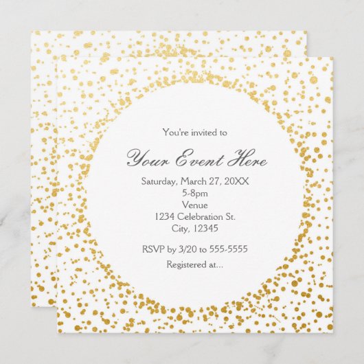 Gouden Confetti Elegante Glamour Stip Witte Uitnod Kaart (Voorkant / Achterkant)