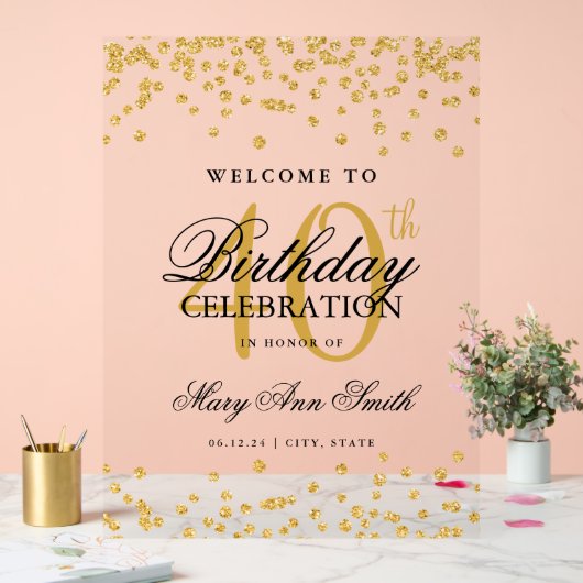 Gouden Confetti Glitter 40e Verjaardagsfeest Welko Acryl Bord (Huwelijk)
