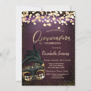 Gouden confetti-masker burgundy Quinceañera Kaart