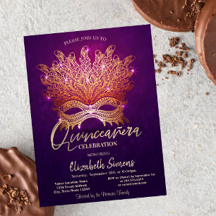 Gouden confetti-masker paarse Quinceañera Kaart