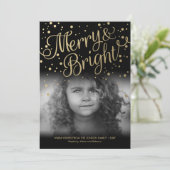 Gouden Confetti Merry Bright Custom Photo Card Feestdagenkaart (Staand voorkant)