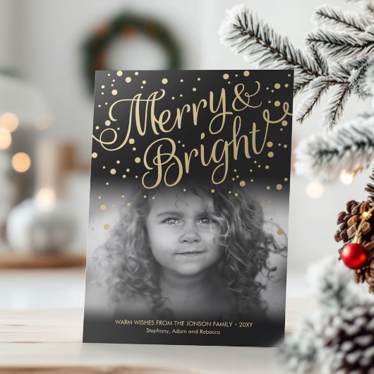 Gouden Confetti Merry Bright Custom Photo Card Feestdagenkaart