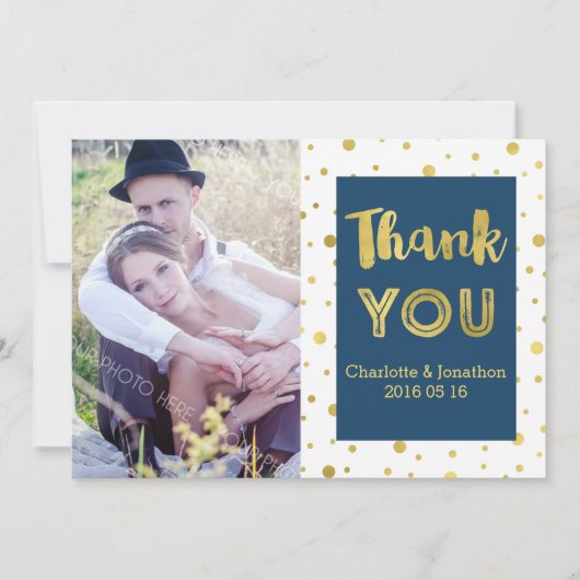 Gouden Confetti Navy bruiloft Bedankt Fotokaarten (Voorkant)