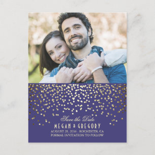 Gouden Confetti Navy Elegante Foto Save the Date Aankondigingskaart