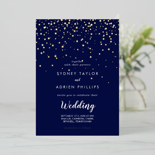 Gouden Confetti|Navy informele bruiloft goud Folie Uitnodiging (Staand Voorkant)