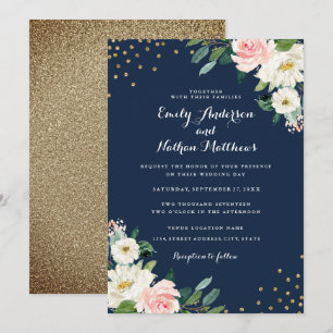 Gouden Confetti Navy Roze Bloemen Huwelijk Kaart