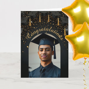 Gouden Confetti op Black Graduation Caps Photo Arc Kaart