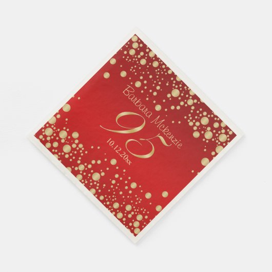 Gouden confetti op rood 95ste verjaardagsfeest servet (Hoek)