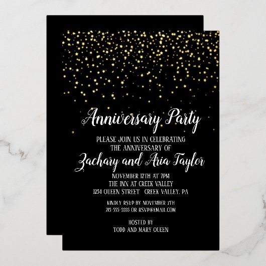 Gouden confetti op zwart jubileumfeest goud folie uitnodiging (Voorkant / Achterkant)