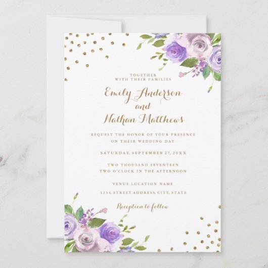 Gouden Confetti Paarse Bloemen Huwelijksuitnodigin Kaart (Voorkant)