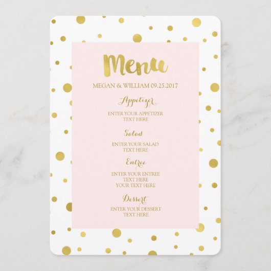 Gouden Confetti Pastel Blush Roze Bruiloft Menu (Voorkant)