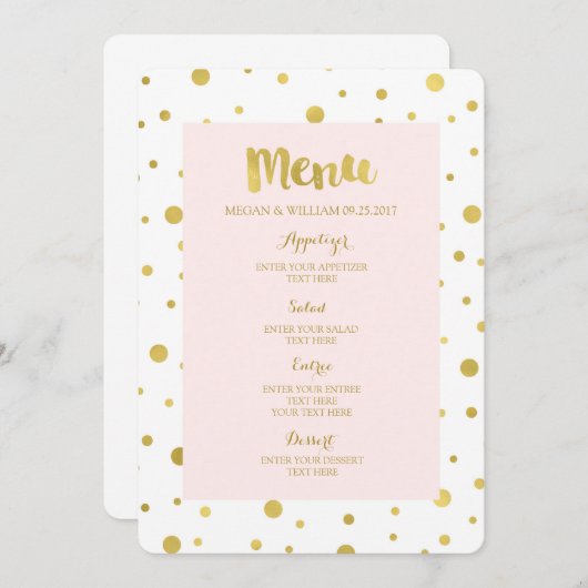 Gouden Confetti Pastel Blush Roze Bruiloft Menu (Voorkant / Achterkant)