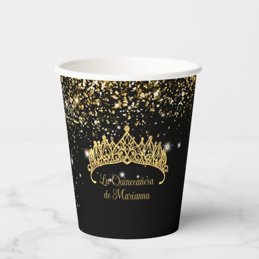 Gouden Confetti Quinceanera Tiara Papieren Bekers (Voorkant)