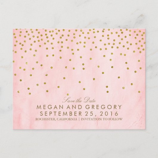 gouden confetti roze bewaar de datum aankondigingskaart (Voorkant)