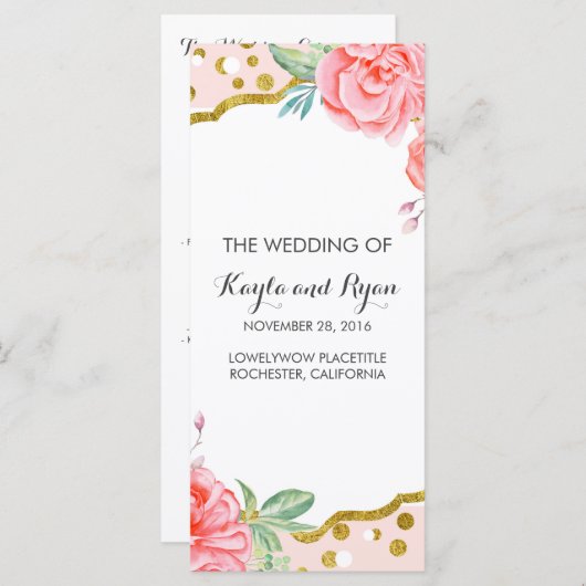 Gouden Confetti Roze Bloemen Stripes Trouwprogramm Programma (Voorkant / Achterkant)