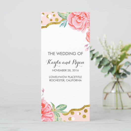Gouden Confetti Roze Bloemen Stripes Trouwprogramm Programma (Staand voorkant)