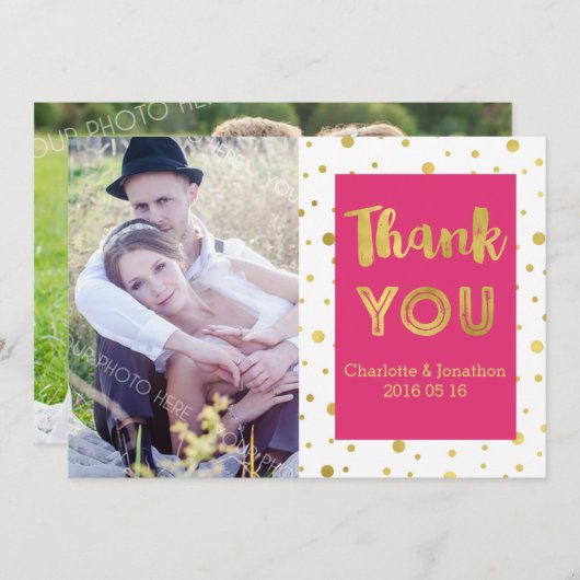 Gouden Confetti roze bruiloft dank u fotokaarten Bedankkaart (Voorkant / Achterkant)