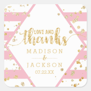 Gouden Confetti & Roze Strepen Bruiloft Bedankt Fa Vierkante Sticker