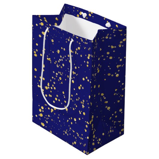 Gouden confetti stippen Middennachtblauw Medium Cadeauzakje (Voorkant Gekanteld)