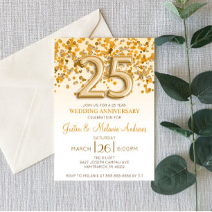 Gouden Confetti Uitnodiging 25-jarig Huwelijksjubi