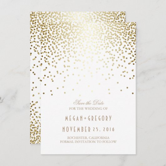 Gouden Confetti Wit Elegant Save the Date (Voorkant / Achterkant)