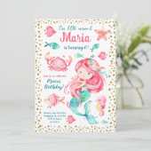Gouden confetti Zeemeermin Zee Verjaardagsuitnodig Kaart (Staand voorkant)