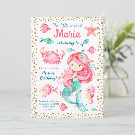 Gouden confetti Zeemeermin Zee Verjaardagsuitnodig Kaart