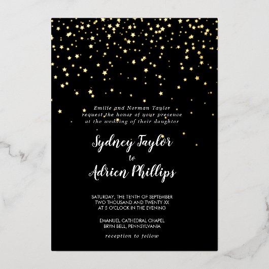 Gouden Confetti|Zwart Formeel Bruiloft Echt Goud Folie Uitnodiging (Voorkant)