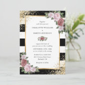 Gouden Confetti Zwarte Blush Roze Bloemige Bruilof Kaart (Staand voorkant)