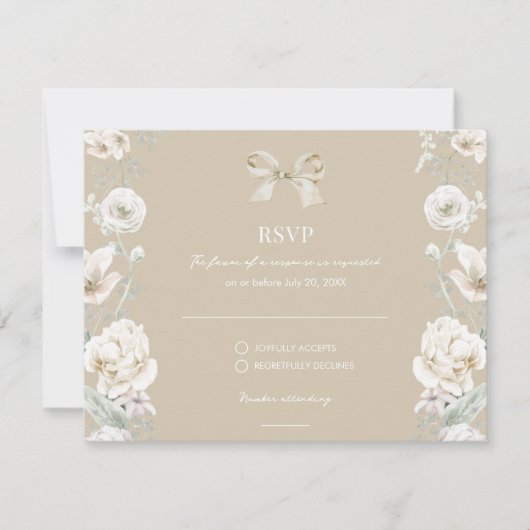 Gouden Coquette Bow Bloemen Huwelijk RSVP Kaartje (Voorkant)