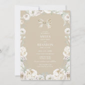Gouden Coquette Bow Bloemen Huwelijksuitnodiging Kaart (Voorkant)