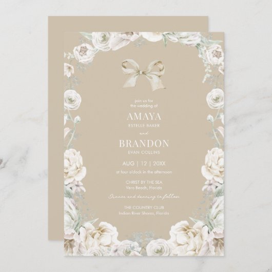Gouden Coquette Bow Bloemen Huwelijksuitnodiging Kaart (Voorkant / Achterkant)