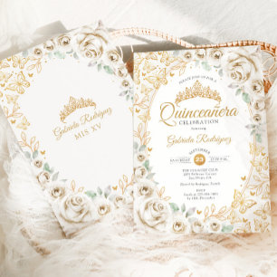 Gouden Crème Bloemige Quinceanera Kaart