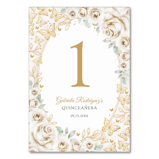 Gouden Crème Bloemige Quinceanera Kaart (Voorkant)