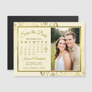 Gouden & Crème Kalender & Foto Save the Date Magne Magnetische Uitnodiging