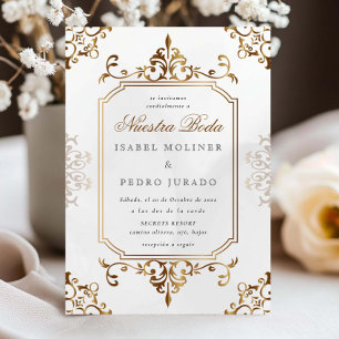 Gouden Crème Ornament Vintage Nuestra Boda Bruilof Kaart