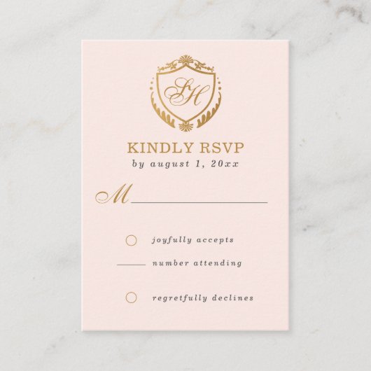 Gouden Crest Perzik Toscane Italië Bruiloft RSVP Informatiekaartje (Voorkant)